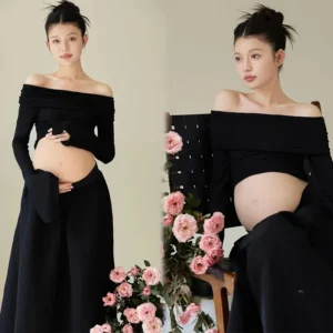 women maternity dresses for photo shoot black off shoulder top with skirt 2pcs set elegant for pregancy studio photo shooting